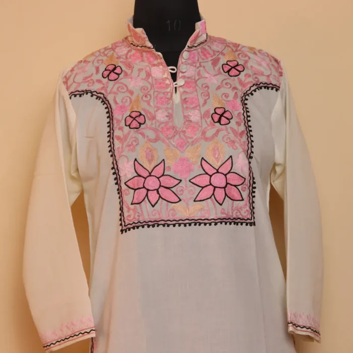 White maryam Summer cool Kashmiri Aari Kurta - Image 2