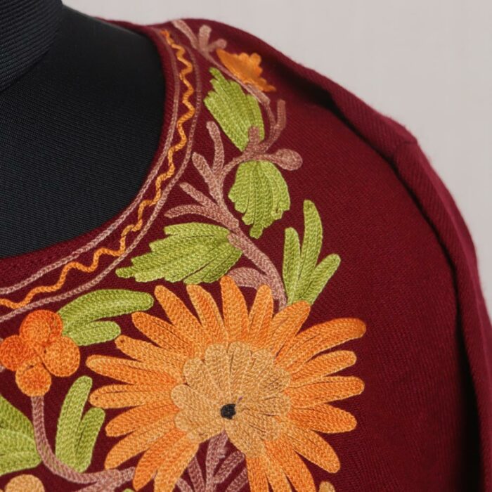 Crimson Bloom Delight: Maroon Winter Kashmiri Pheran with Sunflower Aari Embroidery - Image 3
