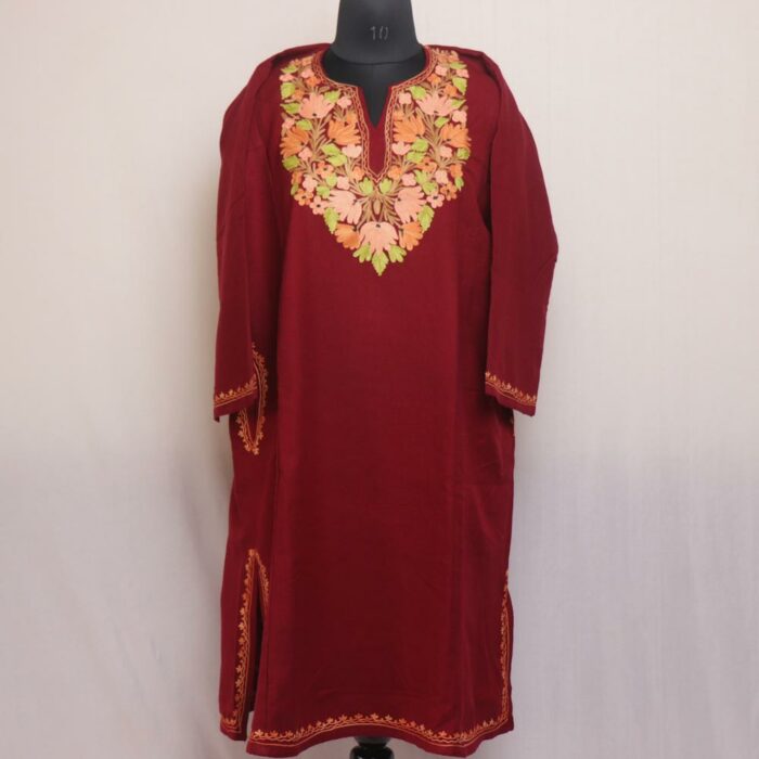Burgundy Bliss: Maroon Winter Kashmiri Pheran with Aari Embroidery
