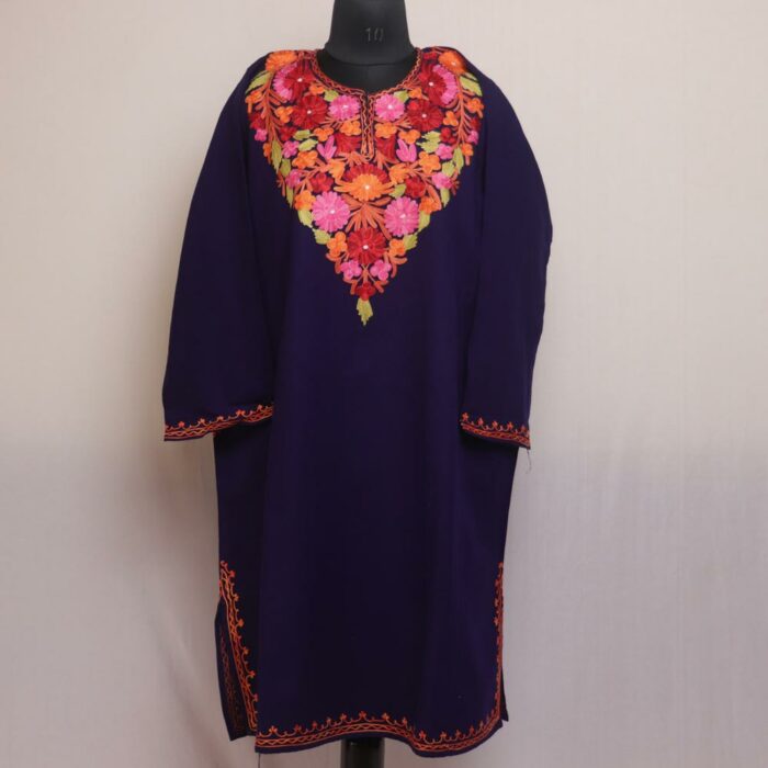 Sapphire Splendor: Dark Blue Ladies Kashmiri Pheran with Aari Embroidery