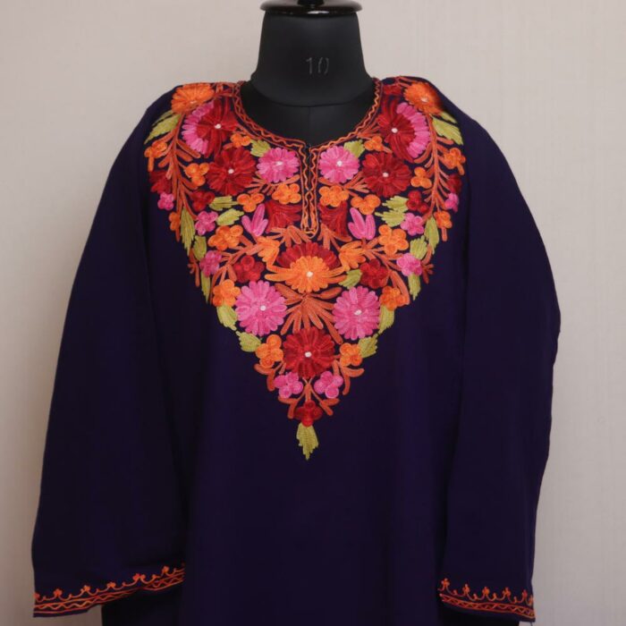 Sapphire Splendor: Dark Blue Ladies Kashmiri Pheran with Aari Embroidery - Image 2