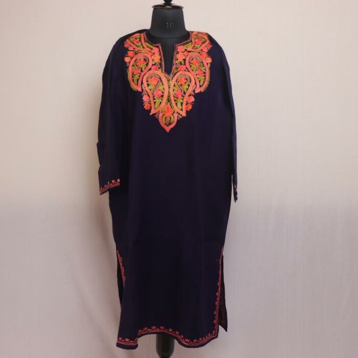 Sapphire Twilight: Dark Blue Winter Kashmiri Pheran with Aari Embroidery
