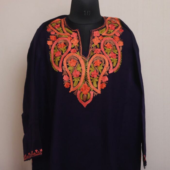 Sapphire Twilight: Dark Blue Winter Kashmiri Pheran with Aari Embroidery - Image 2