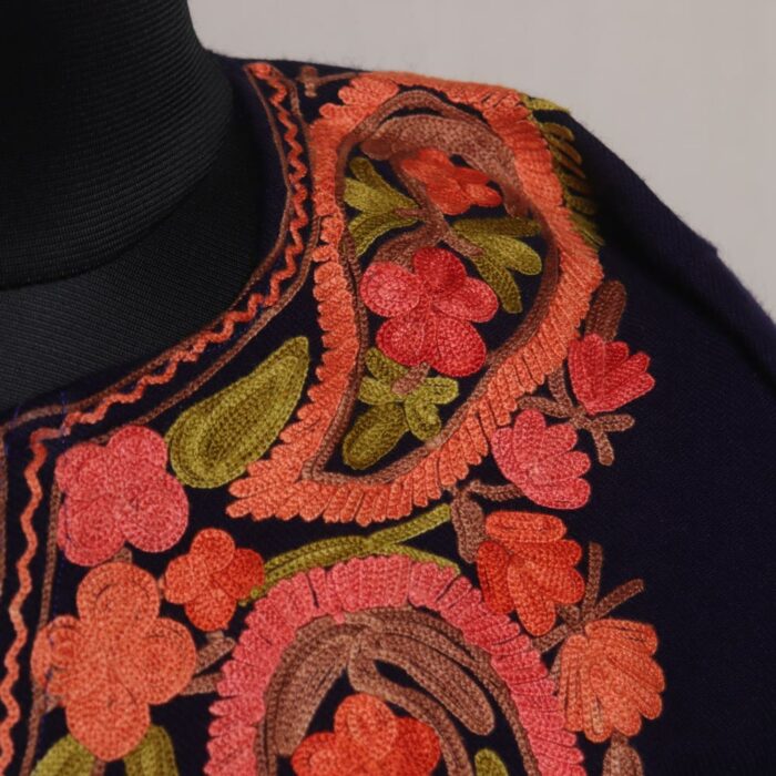 Sapphire Twilight: Dark Blue Winter Kashmiri Pheran with Aari Embroidery - Image 3