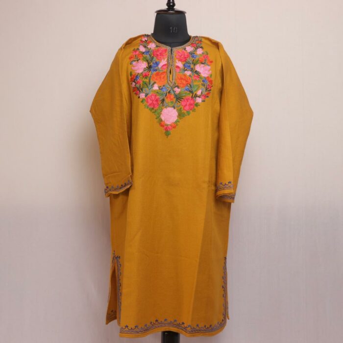 Golden Petal Radiance: Mustard Kashmiri Pheran with Floral Aari Embroidery
