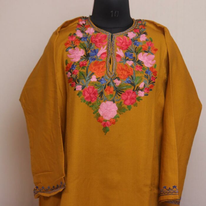 Golden Petal Radiance: Mustard Kashmiri Pheran with Floral Aari Embroidery - Image 2