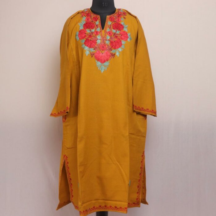Golden Meadow Harmony: Mustard Kashmiri Pheran with Floral Aari Embroidery