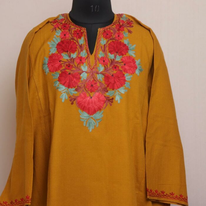 Golden Meadow Harmony: Mustard Kashmiri Pheran with Floral Aari Embroidery - Image 2