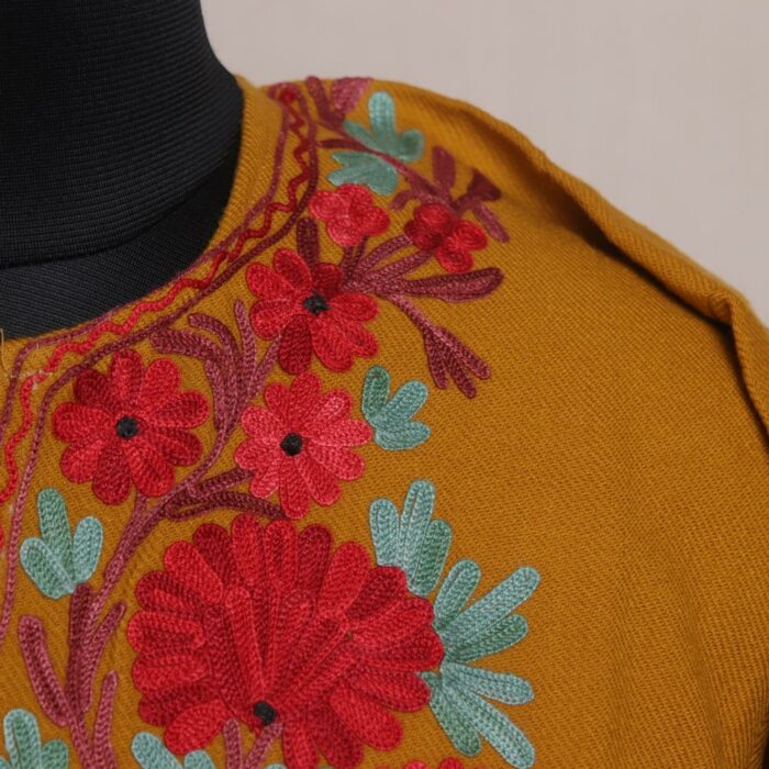 Golden Meadow Harmony: Mustard Kashmiri Pheran with Floral Aari Embroidery - Image 3