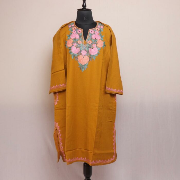 Golden Rose Tapestry: Mustard Kashmiri Pheran with Pink Floral Aari Embroidery