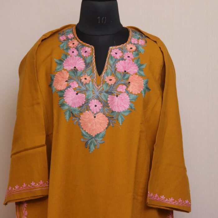 Golden Rose Tapestry: Mustard Kashmiri Pheran with Pink Floral Aari Embroidery - Image 2