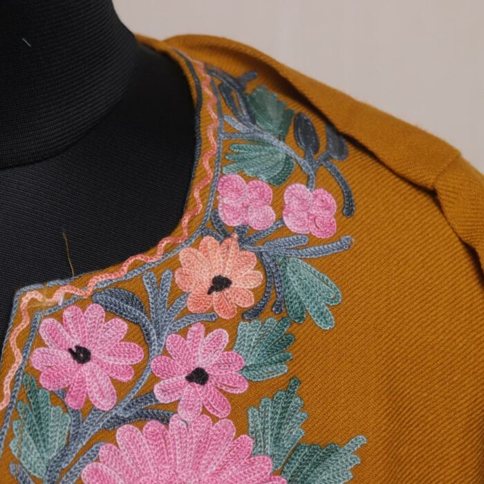 Golden Rose Tapestry: Mustard Kashmiri Pheran with Pink Floral Aari Embroidery - Image 3