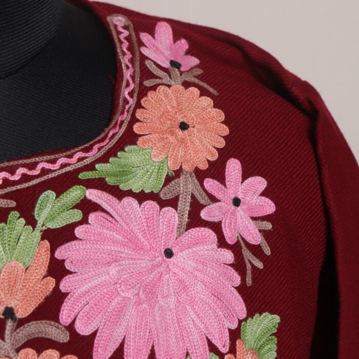 Crimson Rose Tapestry: Maroon Kashmiri Pheran with Pink Floral Aari Embroidery - Image 3