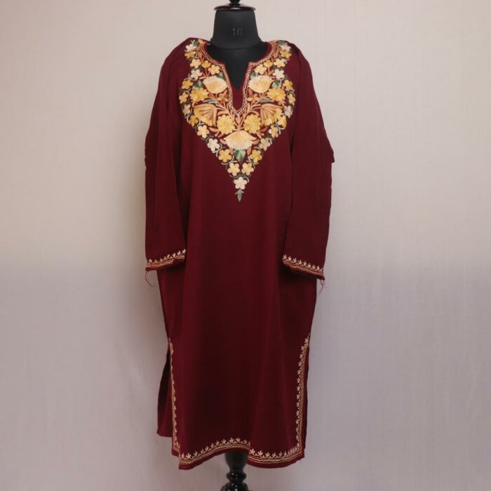 Burgundy Bliss: Kashmiri Pheran in Wine with Aari Embroidery
