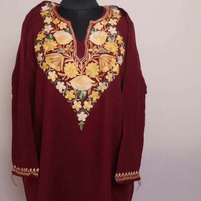 Burgundy Bliss: Kashmiri Pheran in Wine with Aari Embroidery - Image 2