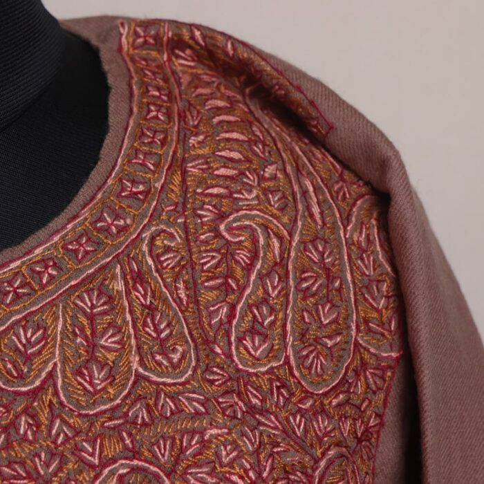 Serenity in Sand: Beige Kashmiri Raffal Pheran with Sozni Hand Embroidery - Image 2