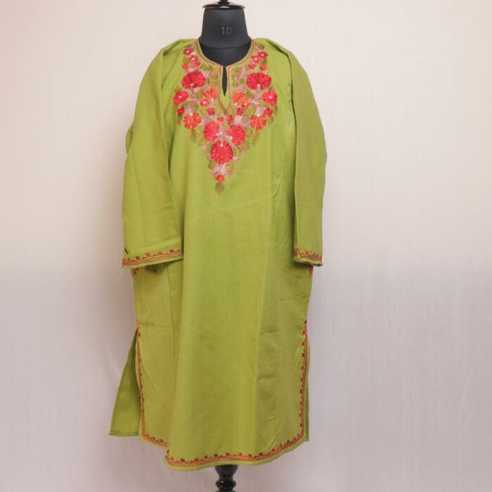 Parrot Green Enchantment: Kashmiri Pheran with Aari Embroidery