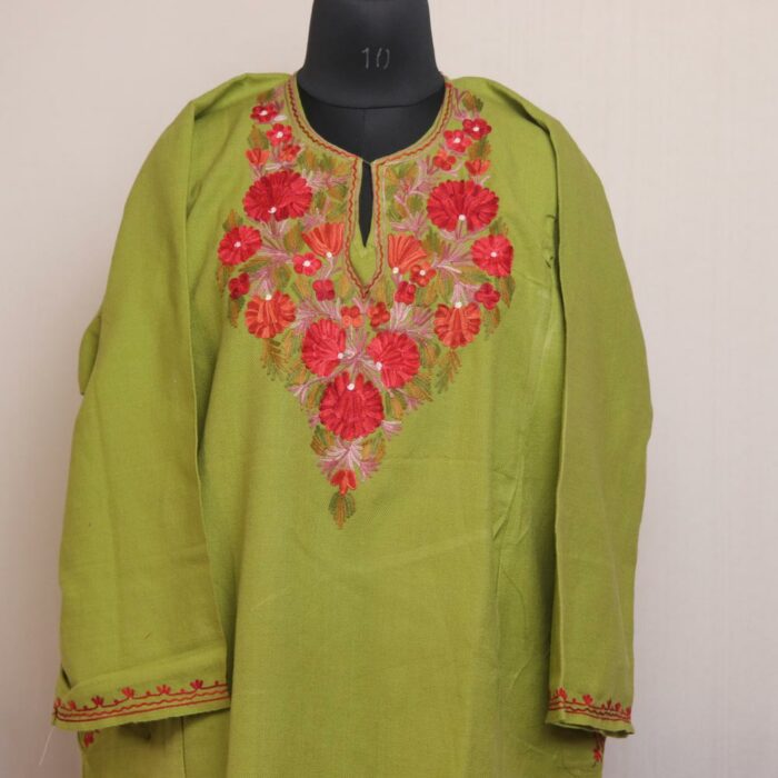 Parrot Green Enchantment: Kashmiri Pheran with Aari Embroidery - Image 2