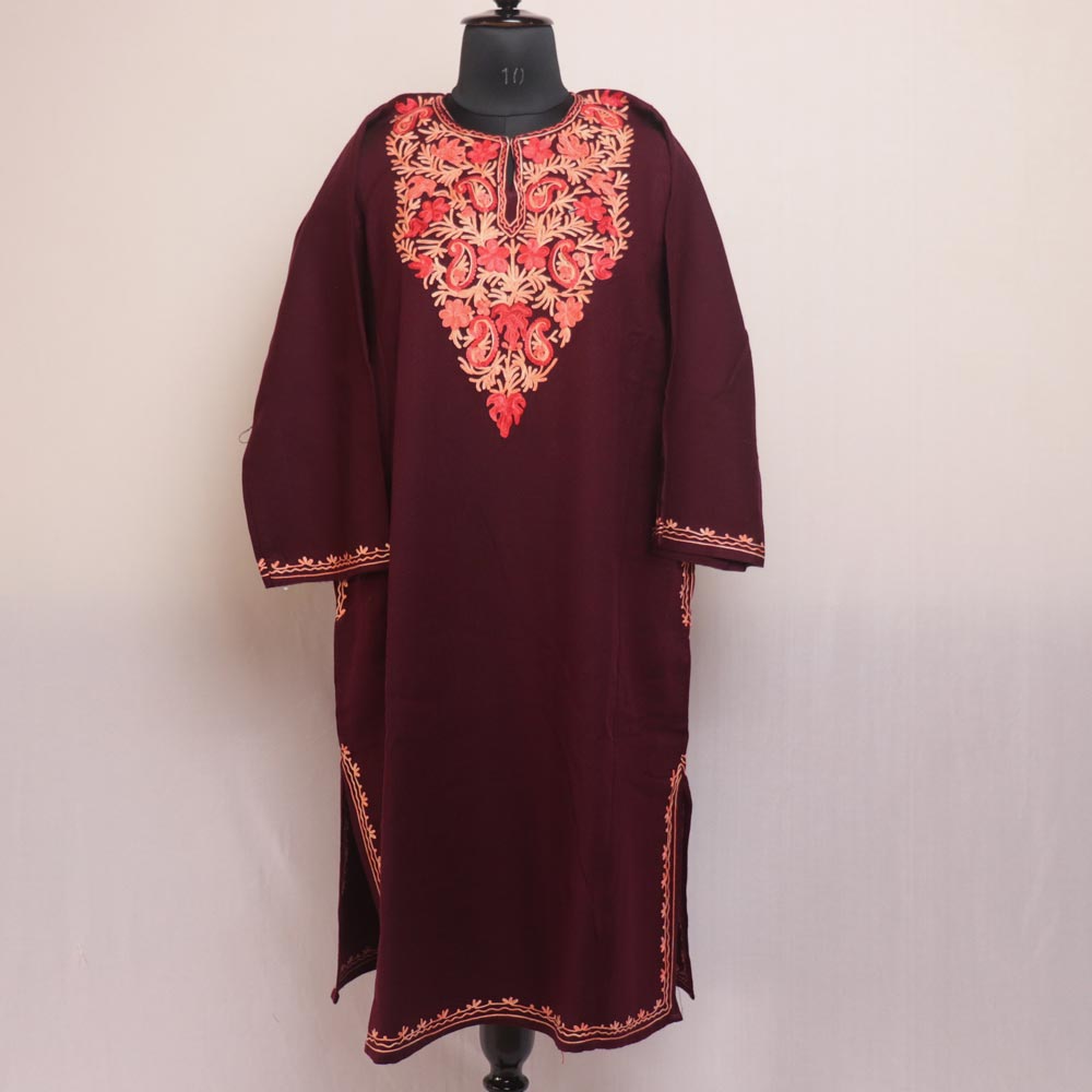 Kashmiri Woolen Pheran with Traditional Aari Embroidery - Sea Green