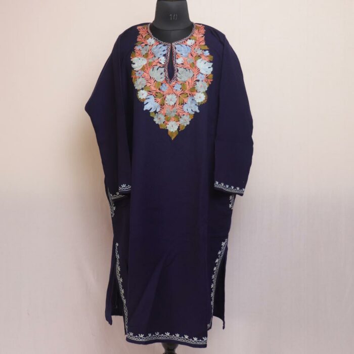 Sapphire Night Elegance: Navy Blue Kashmiri Pheran with Aari Embroidery