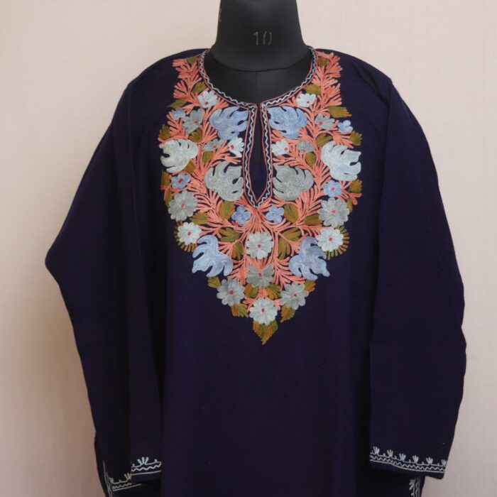 Sapphire Night Elegance: Navy Blue Kashmiri Pheran with Aari Embroidery - Image 2