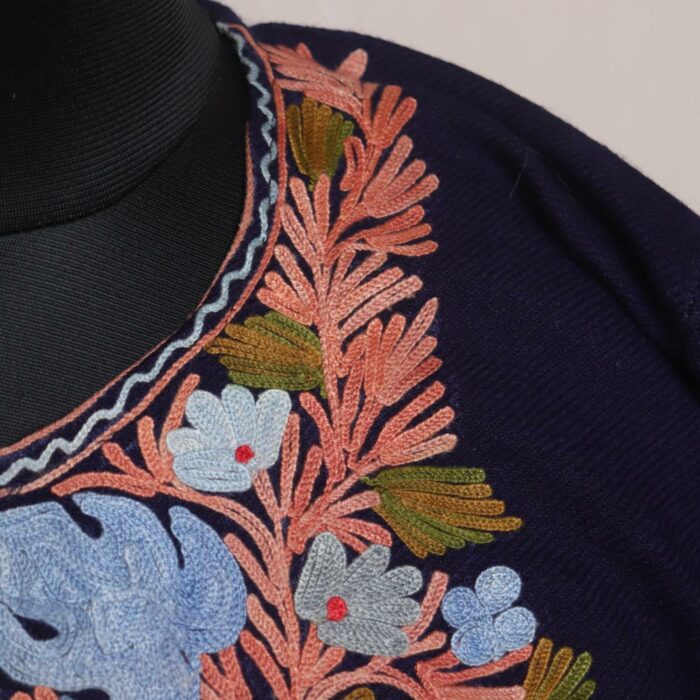 Sapphire Night Elegance: Navy Blue Kashmiri Pheran with Aari Embroidery - Image 3