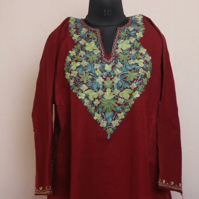 Maroon Lokut Posh Kashmiri Pheran With Aari Work - Image 2