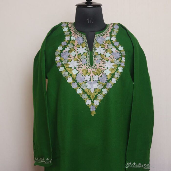 Dark Green Babdem Kashmiri Pheran With Aari Work - Image 2
