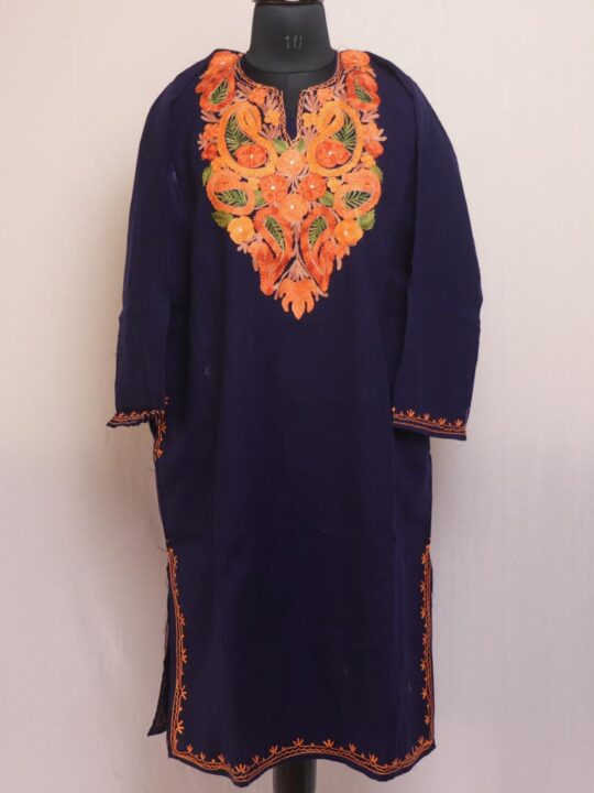Navy Blue Badami Kashmiri Pheran With Aari Work