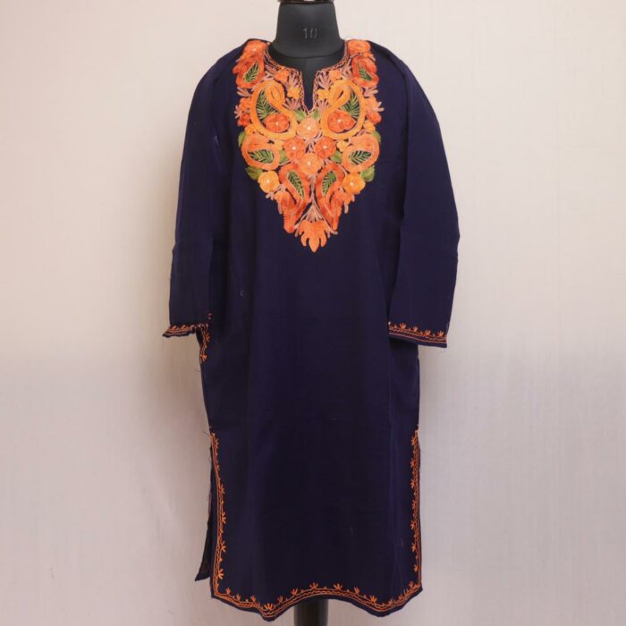 Navy Blue Badami Kashmiri Pheran With Aari Work