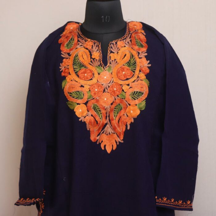 Navy Blue Badami Kashmiri Pheran With Aari Work - Image 2