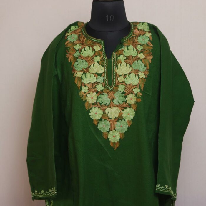 Dark Green Kashmiri Pheran With Aari Work - Image 2