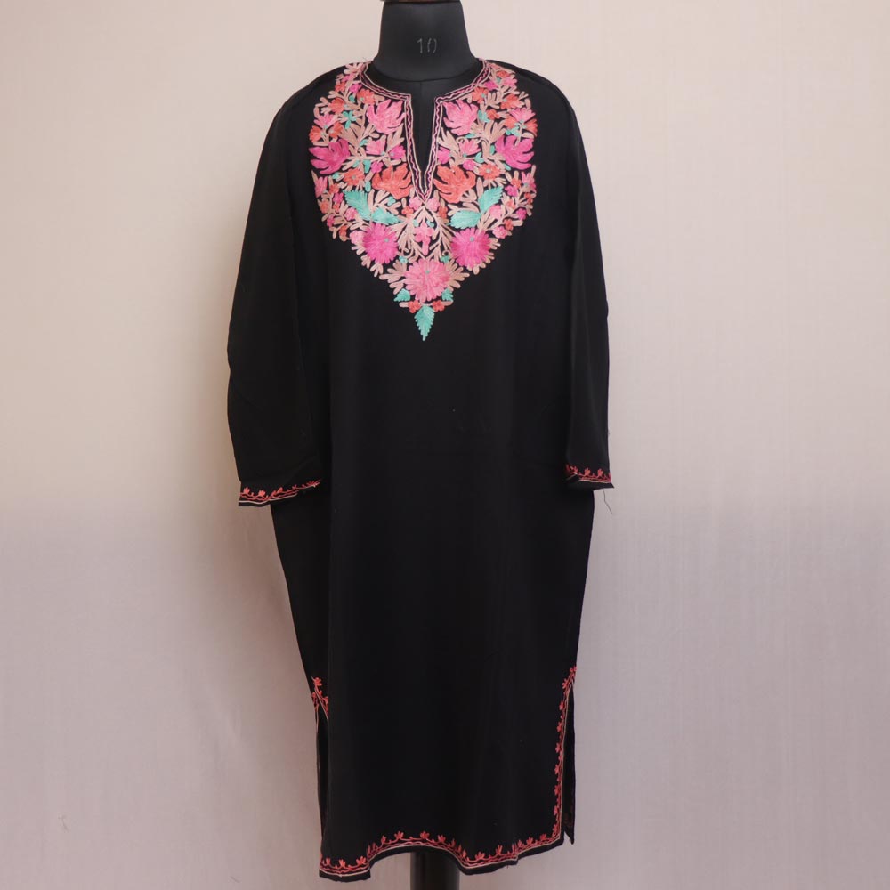 Kashmiri Woolen Pheran with Traditional Aari Embroidery - Black