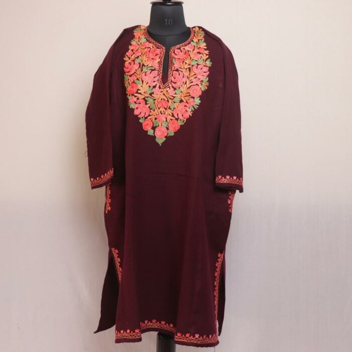 Wine Floral Kashmiri Pheran With Aari Work