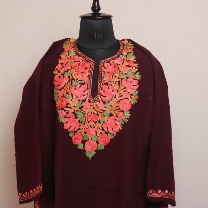 Wine Floral Kashmiri Pheran With Aari Work - Image 2