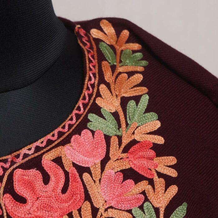 Wine Floral Kashmiri Pheran With Aari Work - Image 3