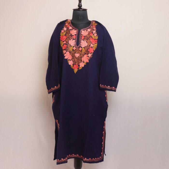 Dark Blue Chinar Kashmiri Pheran With Aari Work
