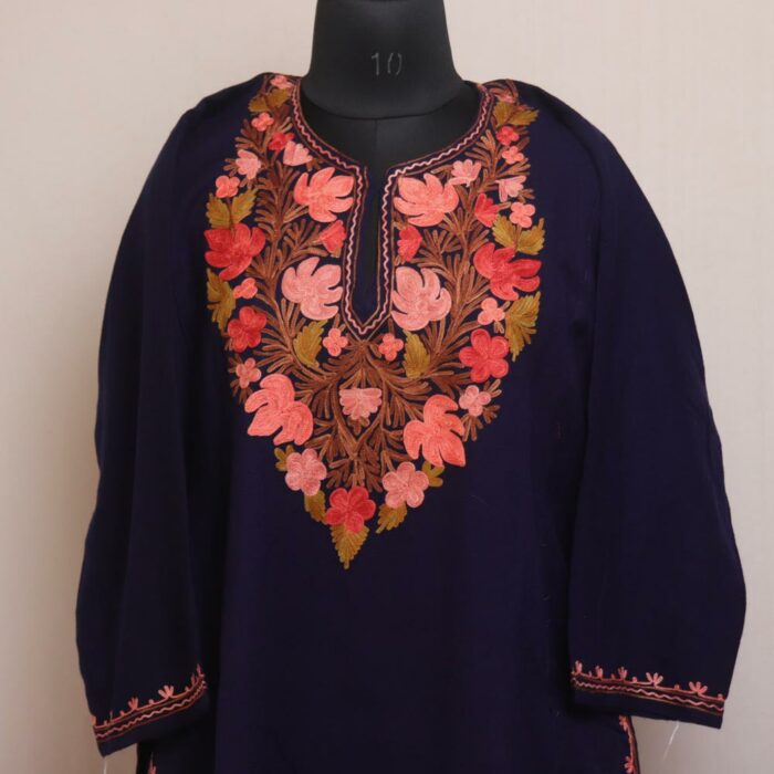 Dark Blue Chinar Kashmiri Pheran With Aari Work - Image 2