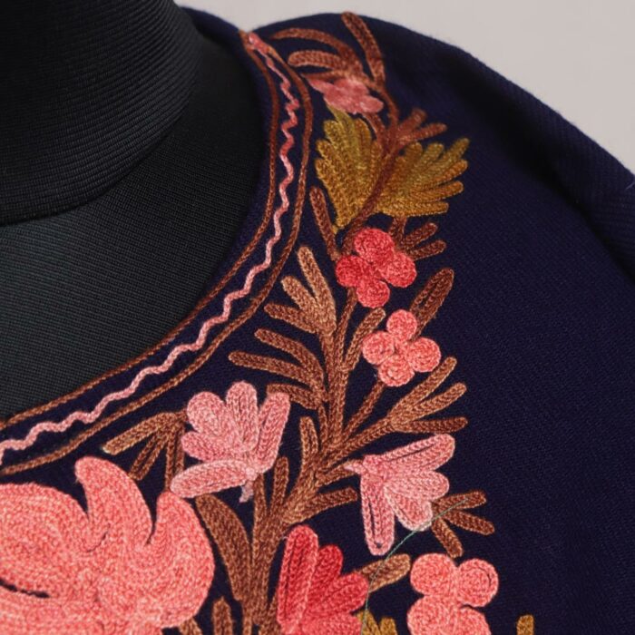 Dark Blue Chinar Kashmiri Pheran With Aari Work - Image 3