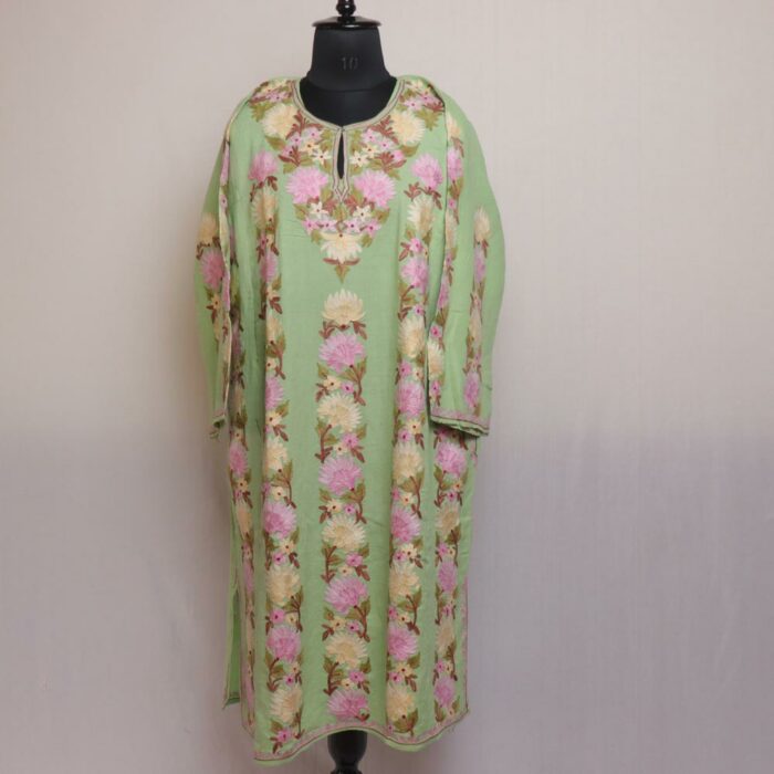 Pastel Meadow Serenity: Light Green Raffal Kashmiri Pheran with Aari Embroidery