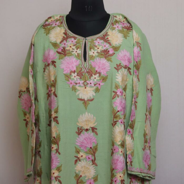 Pastel Meadow Serenity: Light Green Raffal Kashmiri Pheran with Aari Embroidery - Image 2