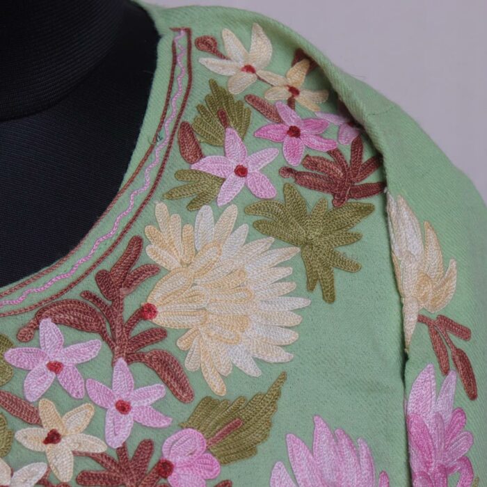 Pastel Meadow Serenity: Light Green Raffal Kashmiri Pheran with Aari Embroidery - Image 3