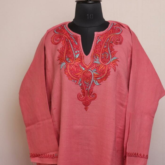 Nun Chai Pink Elegance: Raffal Kashmiri Pheran with Hand Sozni Embroidery L41 - Image 3