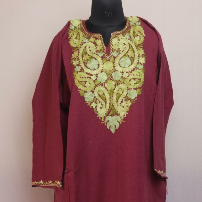 Roseate Radiance: Dark Pink Kashmiri Pheran with Aari Embroidery - Image 2