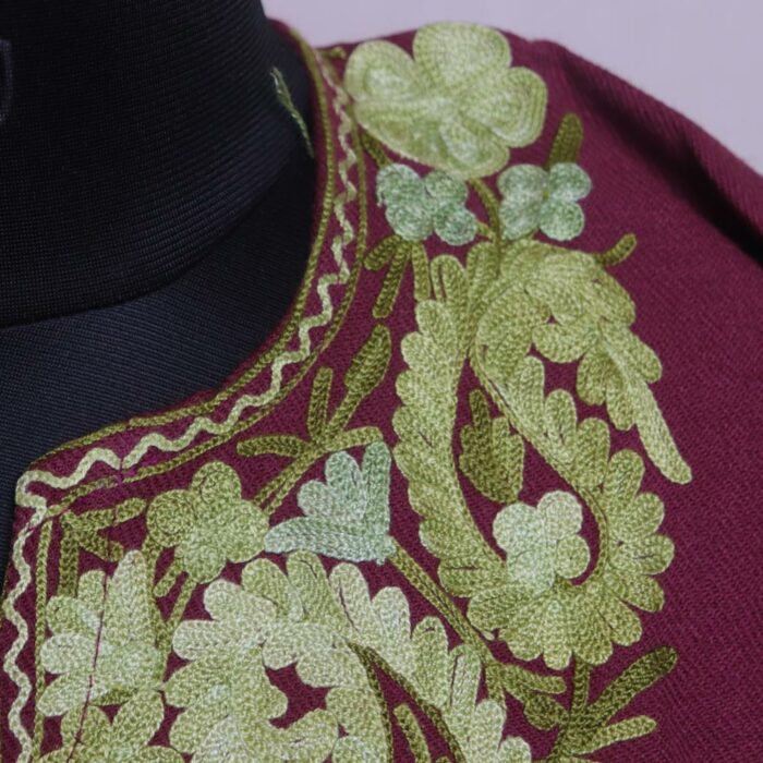 Roseate Radiance: Dark Pink Kashmiri Pheran with Aari Embroidery - Image 3