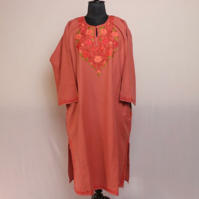 Peachy Elegance: Kashmiri Pheran with Aari Embroidery