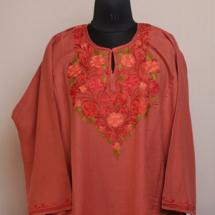 Peachy Elegance: Kashmiri Pheran with Aari Embroidery - Image 2