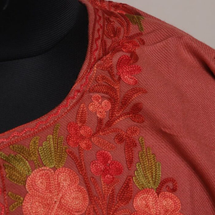 Peachy Elegance: Kashmiri Pheran with Aari Embroidery - Image 3