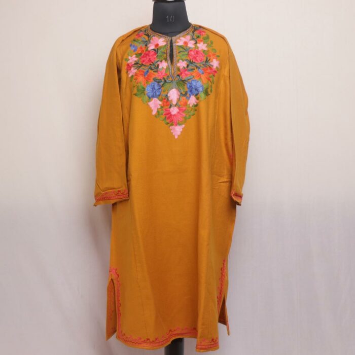 Mustard Posh Pheran With Aari Work