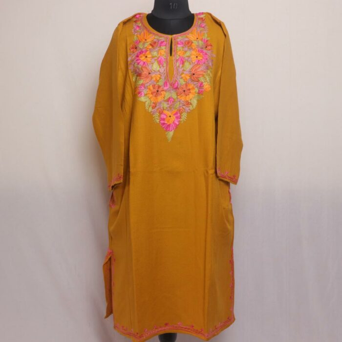 Mustard Fine Kashmiri Pheran With Aari Work
